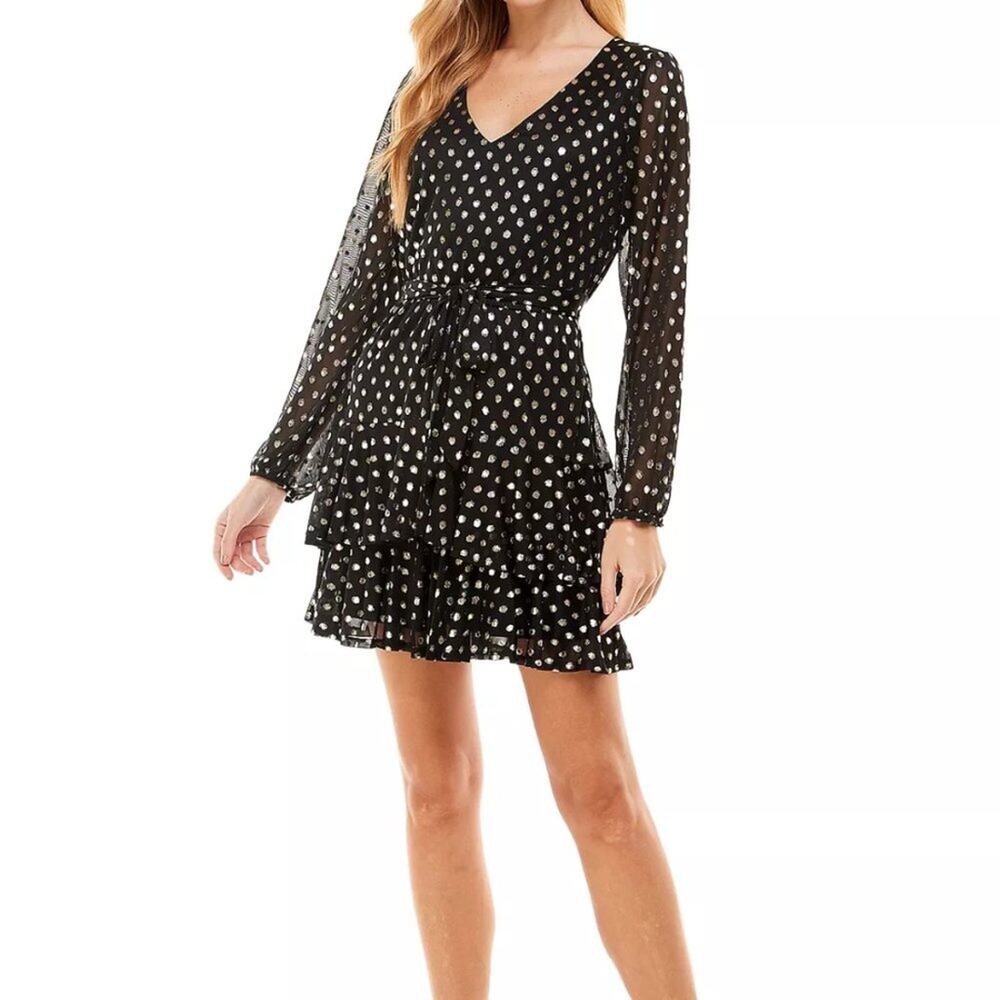NWT CITY STUDIOS Juniors'  Gold Foil-Dot Tiered Dress size S